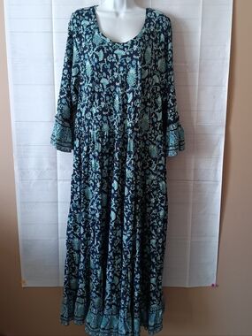 SOFT SURROUNDINGS 1X Floral Blue Tiered Bell Sleeve Maxi Dress